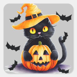 Spooky black cat & pumpkin Halloween Square Sticker