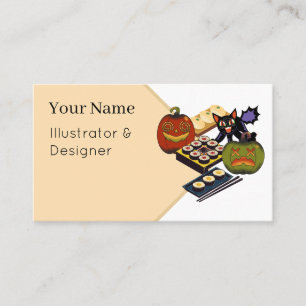 Spooky Black Cat Sushi & Halloween Pumpkins Business Card