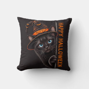 Spooky Black Cat Witch Hat Halloween Cushion