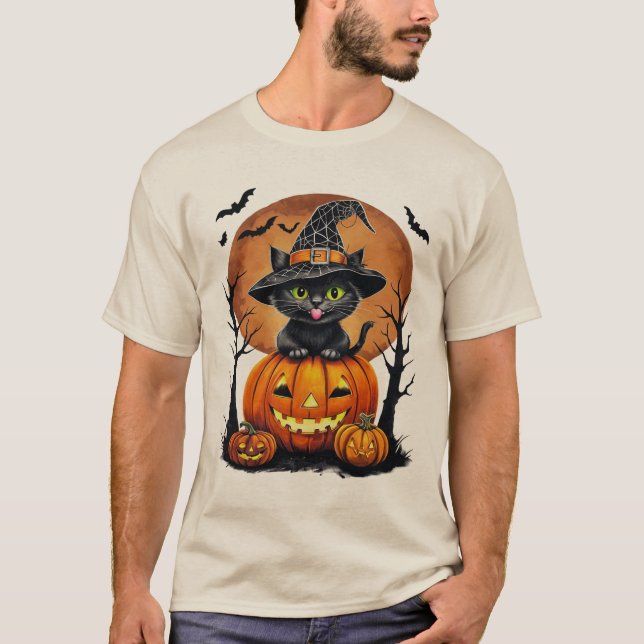 Spooky Black Cat with Pumpkin Halloween Gift  T-Shirt (Front)