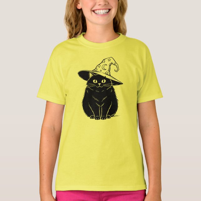 Spooky Black Cat Wizard Hat Halloween Design T-Shirt (Front)