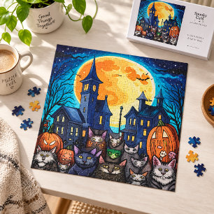 Spooky Black Cats Haunted Village Halloween Night Jigsaw Puzzle