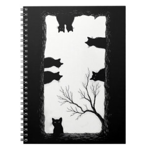 Spooky Black Cats Peeking Gothic Hollow Tree Art Notebook