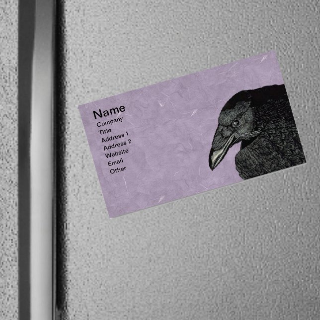 Spooky Black Crow Raven Face Magnetic Business Card (black crow head face on marbled purple magnetic business card.)