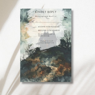 Spooky Black Gothic Castle Moon Wedding RSVP Card
