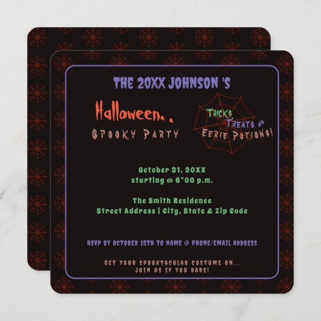 Spooky Black Halloween Spider Web Party Invitation (Front/Back)