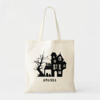 Spooky black haunted house. Halloween kids treats