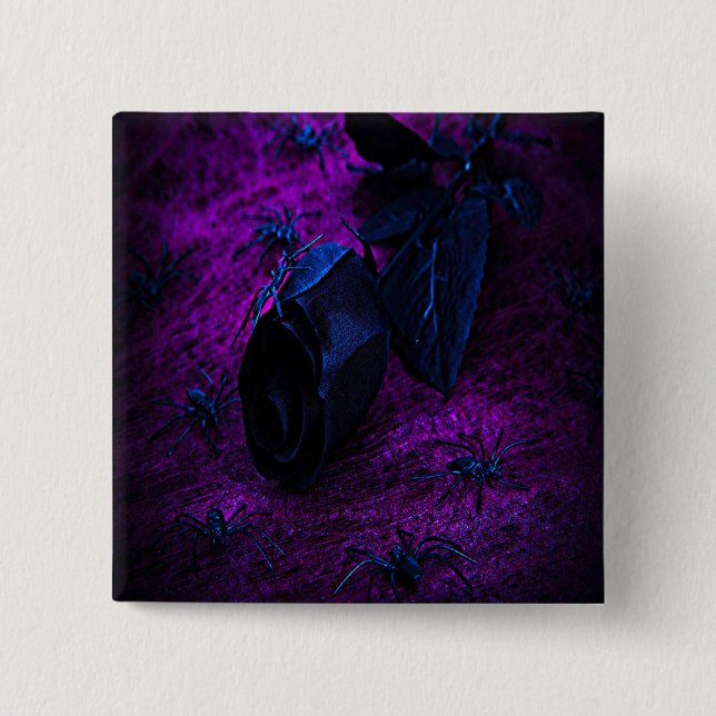 Spooky Black Material Rose, Black Spiders 15 Cm Square Badge (Front)