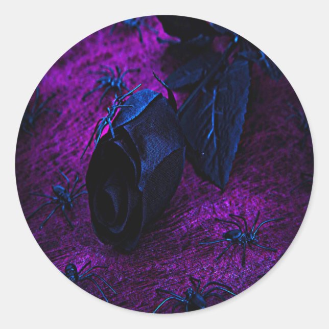 Spooky Black Material Rose, Black Spiders Classic Round Sticker (Front)