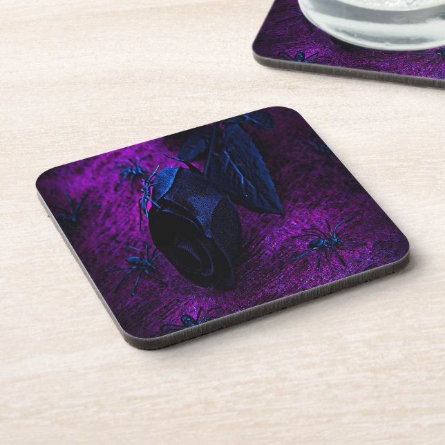Spooky Black Material Rose, Black Spiders Coaster (Left Side)