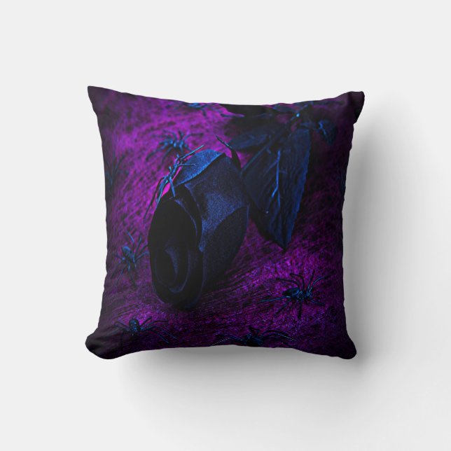 Spooky Black Material Rose, Black Spiders Cushion (Front)