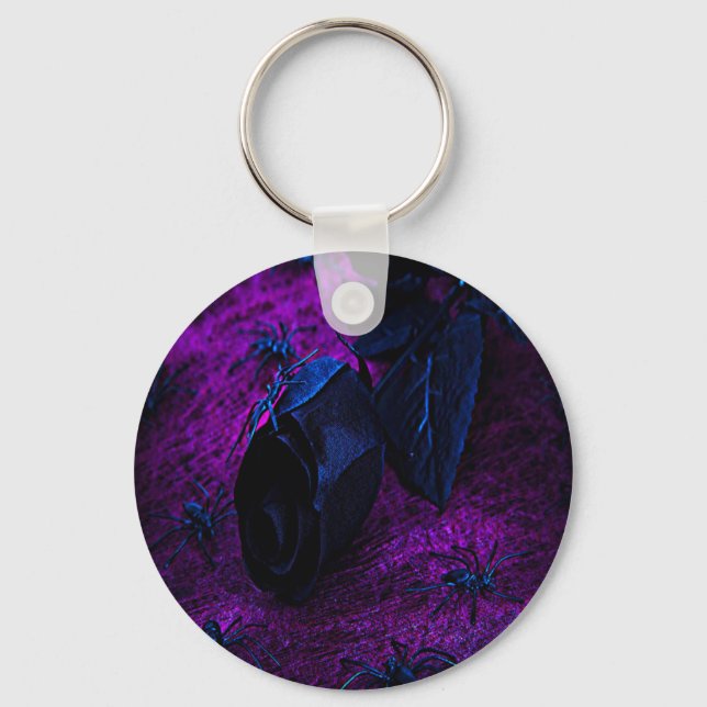 Spooky Black Material Rose, Black Spiders Key Ring (Front)