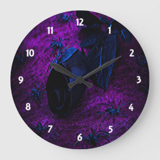Spooky Black Material Rose, Black Spiders Large Clock