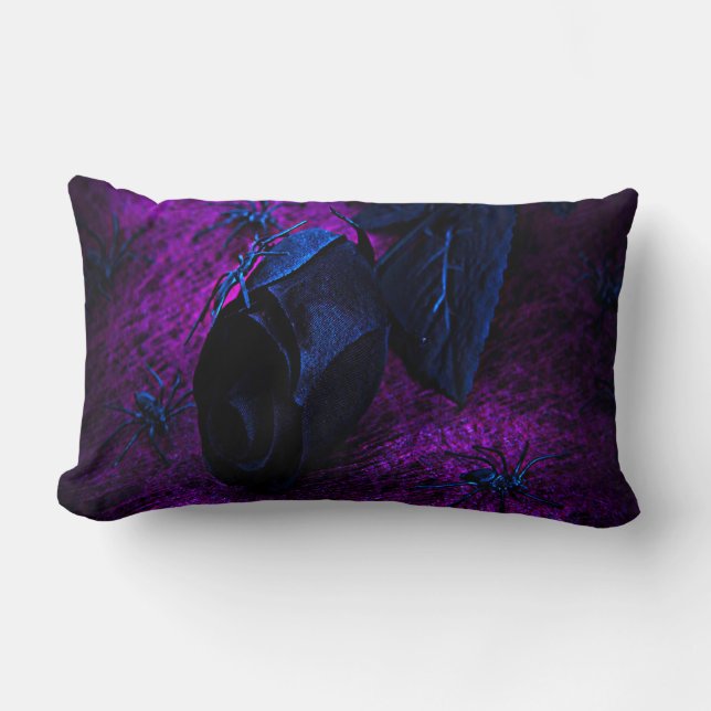 Spooky Black Material Rose, Black Spiders Lumbar Cushion (Front)