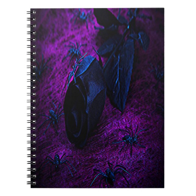Spooky Black Material Rose, Black Spiders Spiral Notebook (Front)