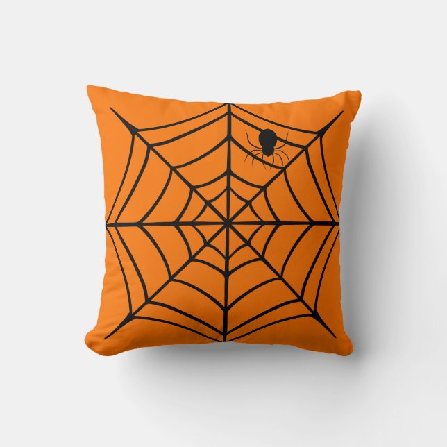 Spooky Black & Orange Spiderweb Spider Halloween Cushion (Front)