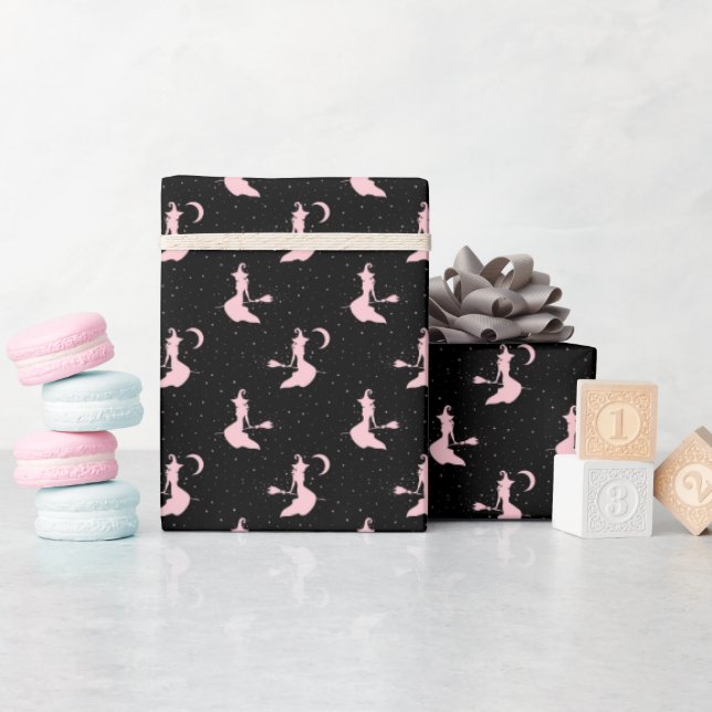 Spooky Black & Pink Witch Wrapping Paper Roll (Baby Shower)