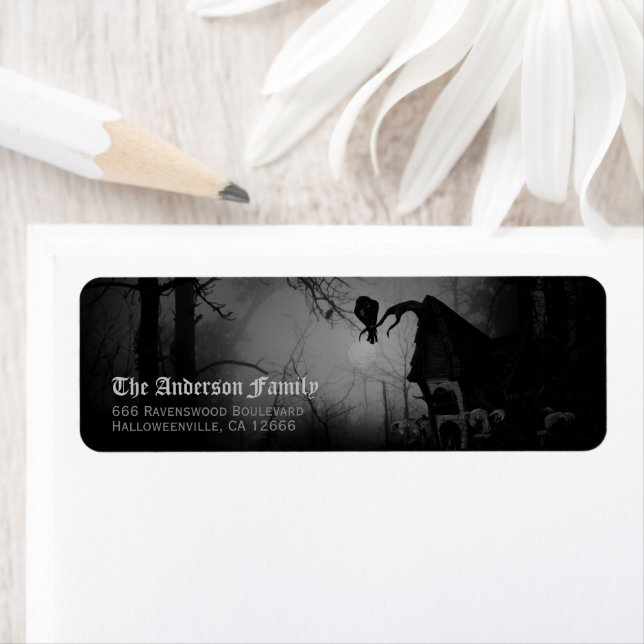 Spooky Black Raven Halloween Return Address Label (Insitu)