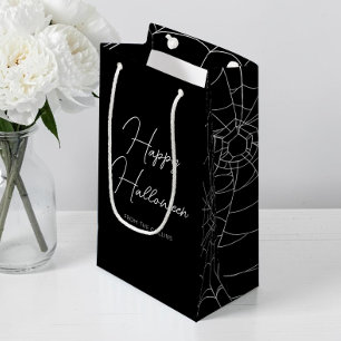 Spooky Black Spiderweb Script Happy Halloween Small Gift Bag