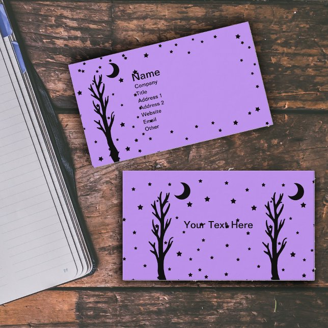 Spooky Black Tree Moon Stars Purple Business Card (Spooky black barren tree black crescent moon stars on purple business cards.)