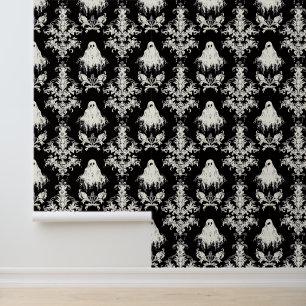 Spooky black white ghost damask wallpaper