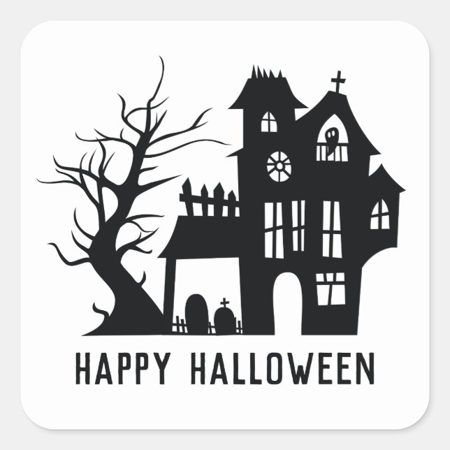 Spooky black white haunted house. Happy Halloween Square Sticker (Front)