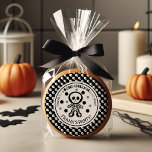 Spooky Black White Skeleton Boy Halloween Birthday Classic Round Sticker<br><div class="desc">Add a spooky twist to your birthday favours with this spooky black and white skeleton favour sticker! It features a playful yet eerie skeleton with the phrase "Thanks For A Bone Chilling Good Time!" on a black and white with skulls background. Perfect for adding a touch of Halloween fun to...</div>