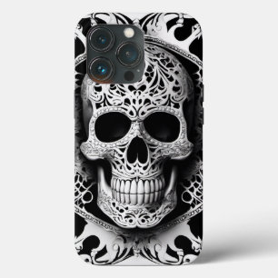 Spooky Black & White Smiling Lace Skull iPhone 13 Pro Case
