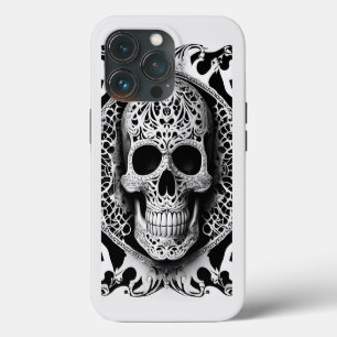 Spooky Black & White Smiling Lace Skull iPhone 13 Pro Case