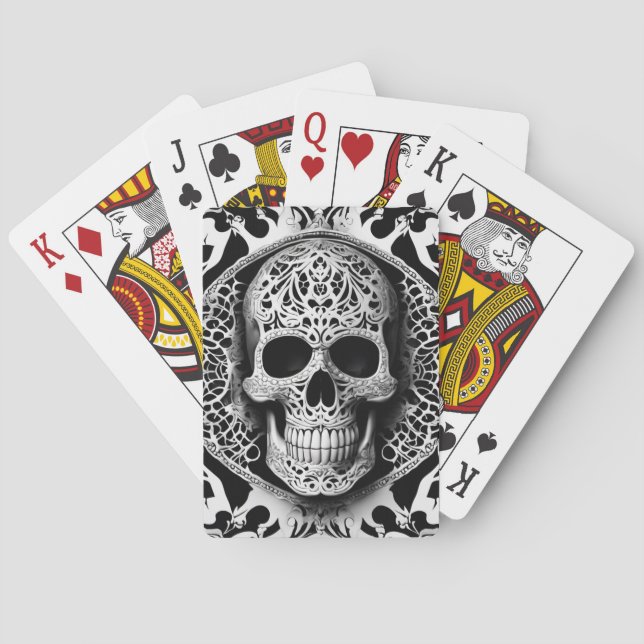 Spooky Black & White Smiling Lace Skull Playing Cards (Back)