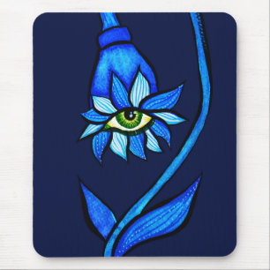 Spooky Blue Eye Flower Monster - Creepy Horror Art Mouse Pad