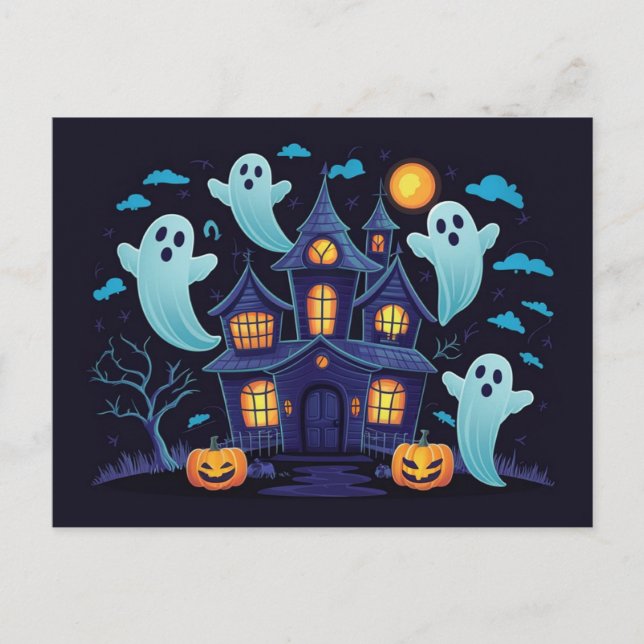 Spooky Blue Haunted House with Floating Ghosts  Postcard (Front)