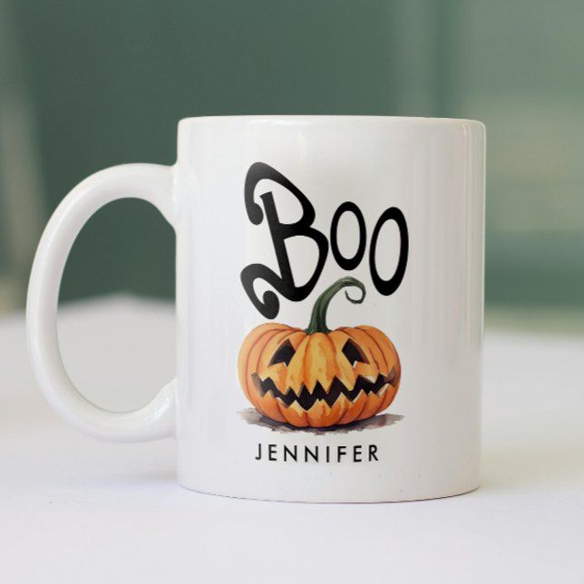 Spooky Boo Orange Black Halloween Pumpkin Name Two-Tone Coffee Mug (Creator Uploaded)