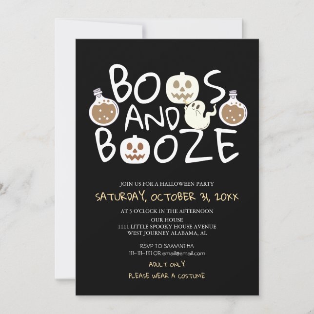 Spooky Boos and Booze Black Adult Halloween Party Invitation (Front)