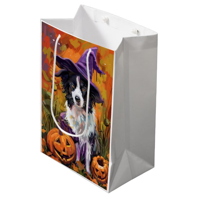 Spooky Border Collie Halloween Witch And Pumpkin Medium Gift Bag (Front Angled)
