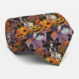 Spooky Boston Terrier Halloween Witch And Pumpkin Tie