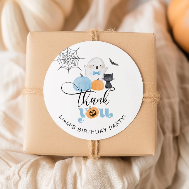 Spooky boy Halloween birthday party thank you Classic Round Sticker (Creator Uploaded)