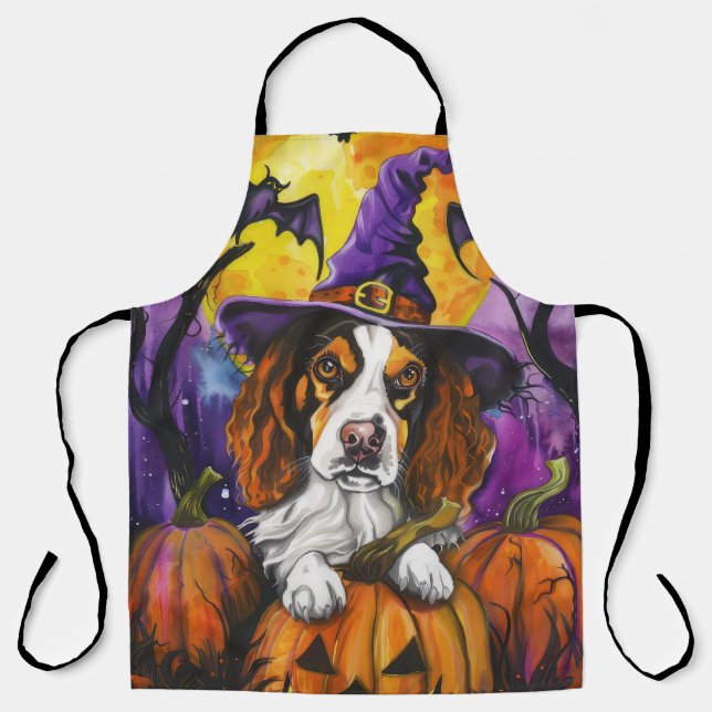 Spooky Brittany Spaniel Halloween Witch Pumpkin  Apron (Front)