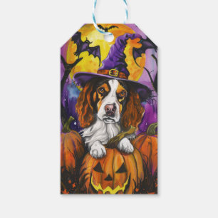 Spooky Brittany Spaniel Halloween Witch Pumpkin Gift Tags