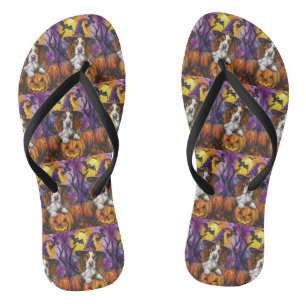 Spooky Brittany Spaniel Halloween Witch Pumpkin  Jandals