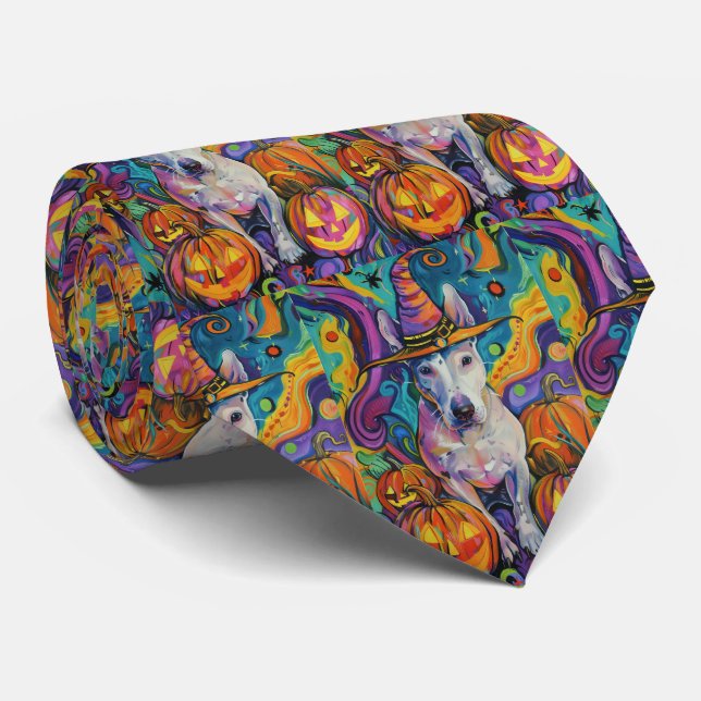 Spooky Bull Terrier Halloween Witch And Pumpkin Tie (Rolled)