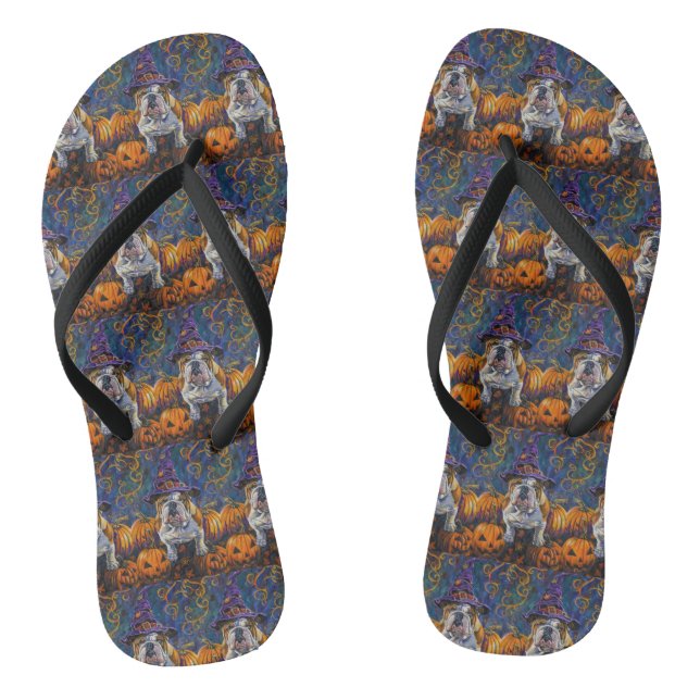 Spooky Bulldog Halloween Witch And Pumpkin Jandals (Footbed)
