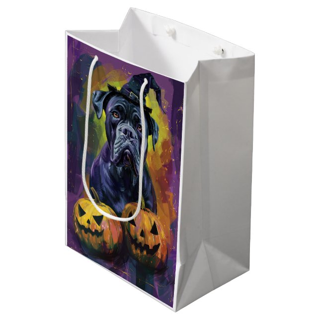 Spooky Bullmastiff Dog Halloween Witch And Pumpkin Medium Gift Bag (Front Angled)