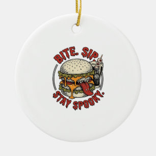 Spooky Burger Shirt Vintage Engraving Halloween Gr Ceramic Tree Decoration