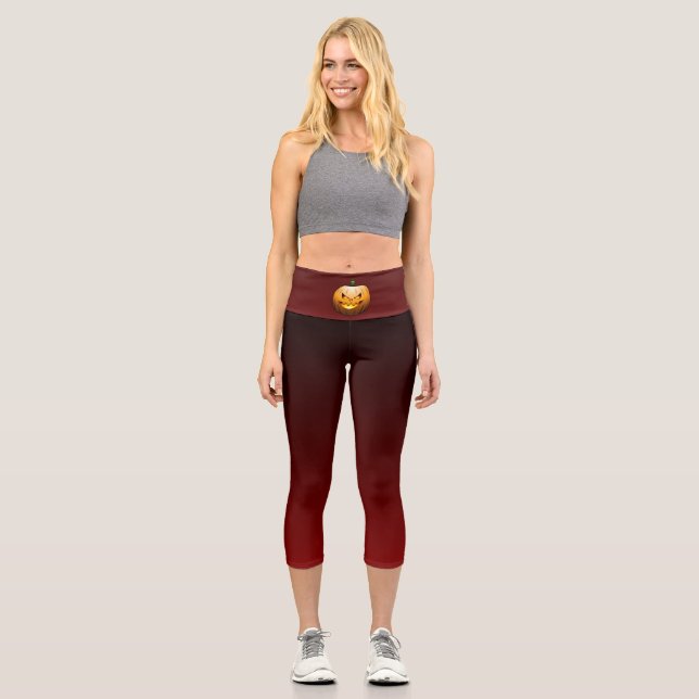 Spooky Burning Halloween Pumpkin Capri Leggings (Front)
