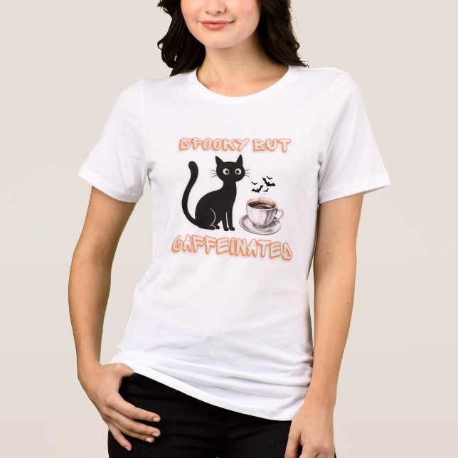 Spooky But Caffeinated – Halloween Black Cat Coffe Tri-Blend Shirt (Front)