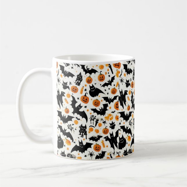 Spooky but Cute Halloween Pumpkin & Bat Pattern Mu Coffee Mug (Left)