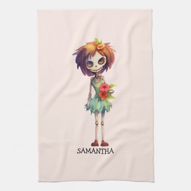 Spooky But Cute Zombie Kid – Adorable Macabre Tea Towel (Vertical)