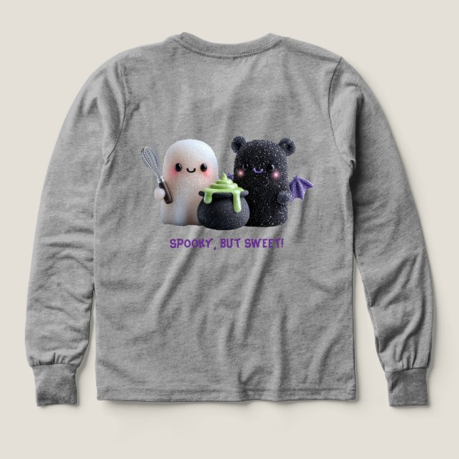 Spooky But Sweet Cute Ghost & Bear Boys' Long Slee (Design Back)