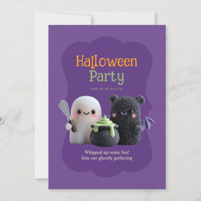 Spooky But Sweet Cute Ghost & Bear Invitation (Front)